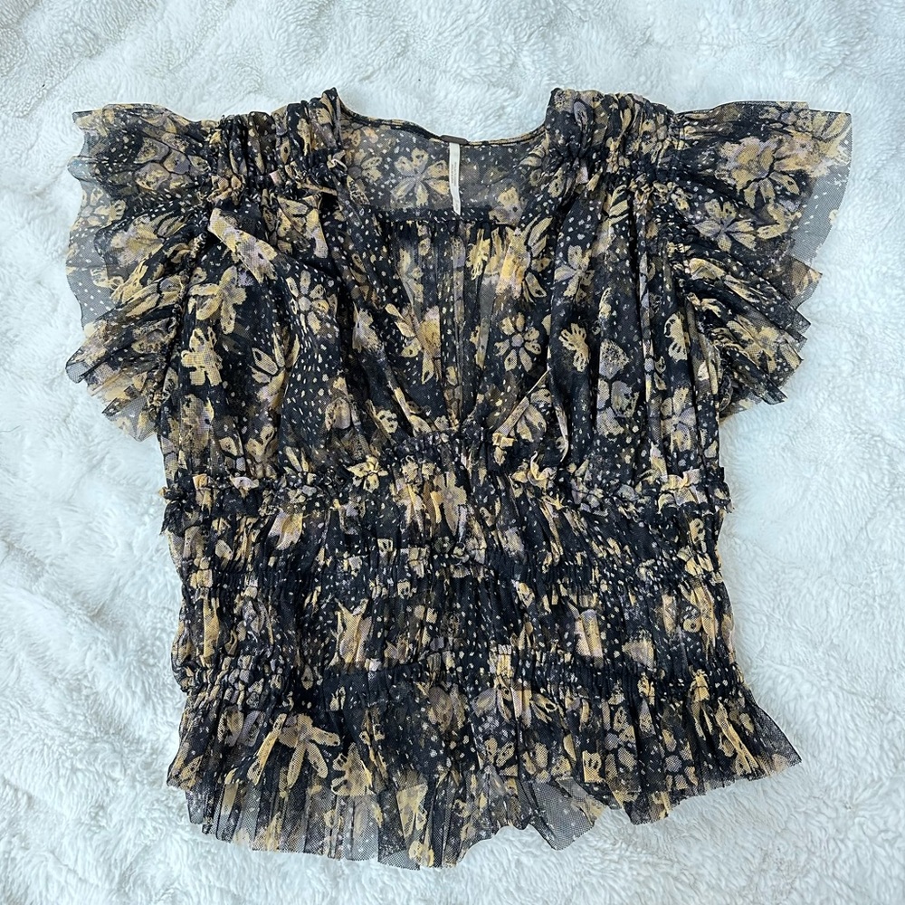 Free People Making Me Smile Top Floral Ruffle Mesh Sheet Tank